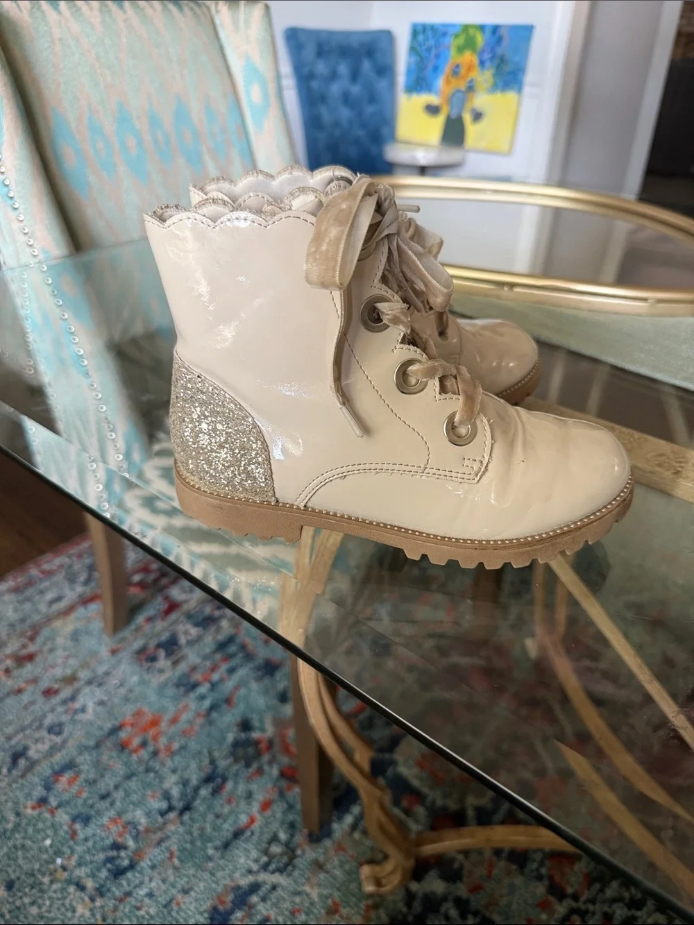 Kids Cream Patent Combat Boots with Glitter Heel
